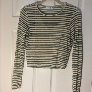 Striped Long Sleeve Cropped Tee - Green & Cream